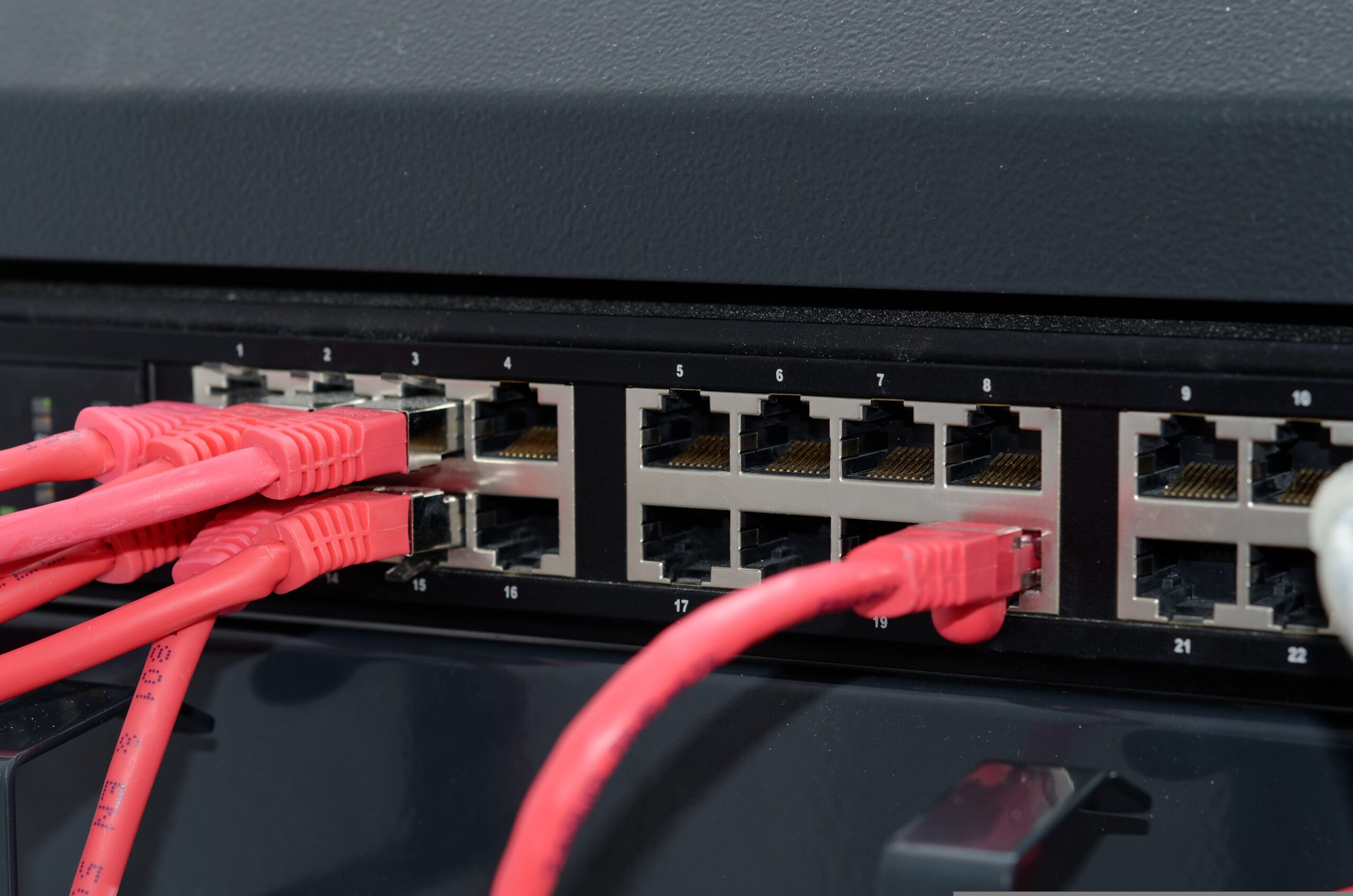 Network cables plug into a network switch.