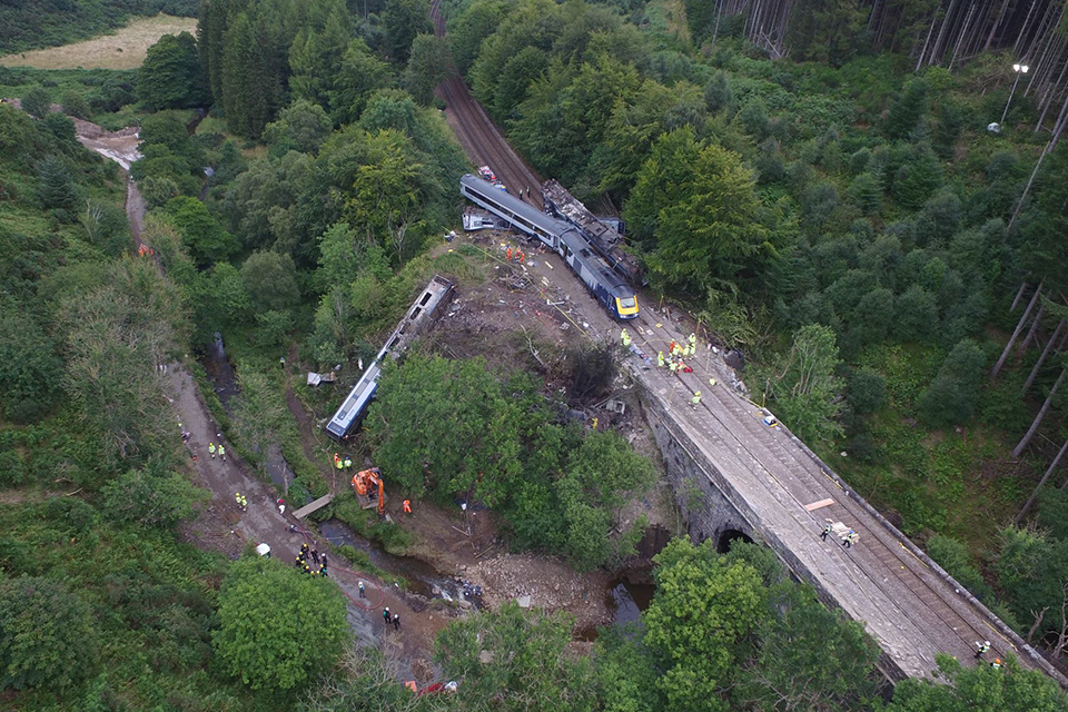 Train derailed at Carmont, Aberdeenshire on 12 August 2020, captured from RAIB Report 02/2022. ©Crown